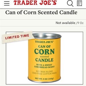 NWT Trader Joe's Can of Corn Scented Soy Wax Candle 9 ounces